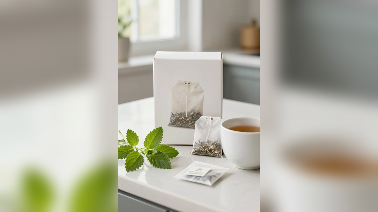 Lemon balm sprigs, tea bags, a plain tea box, and ceramic cup on a kitchen counter