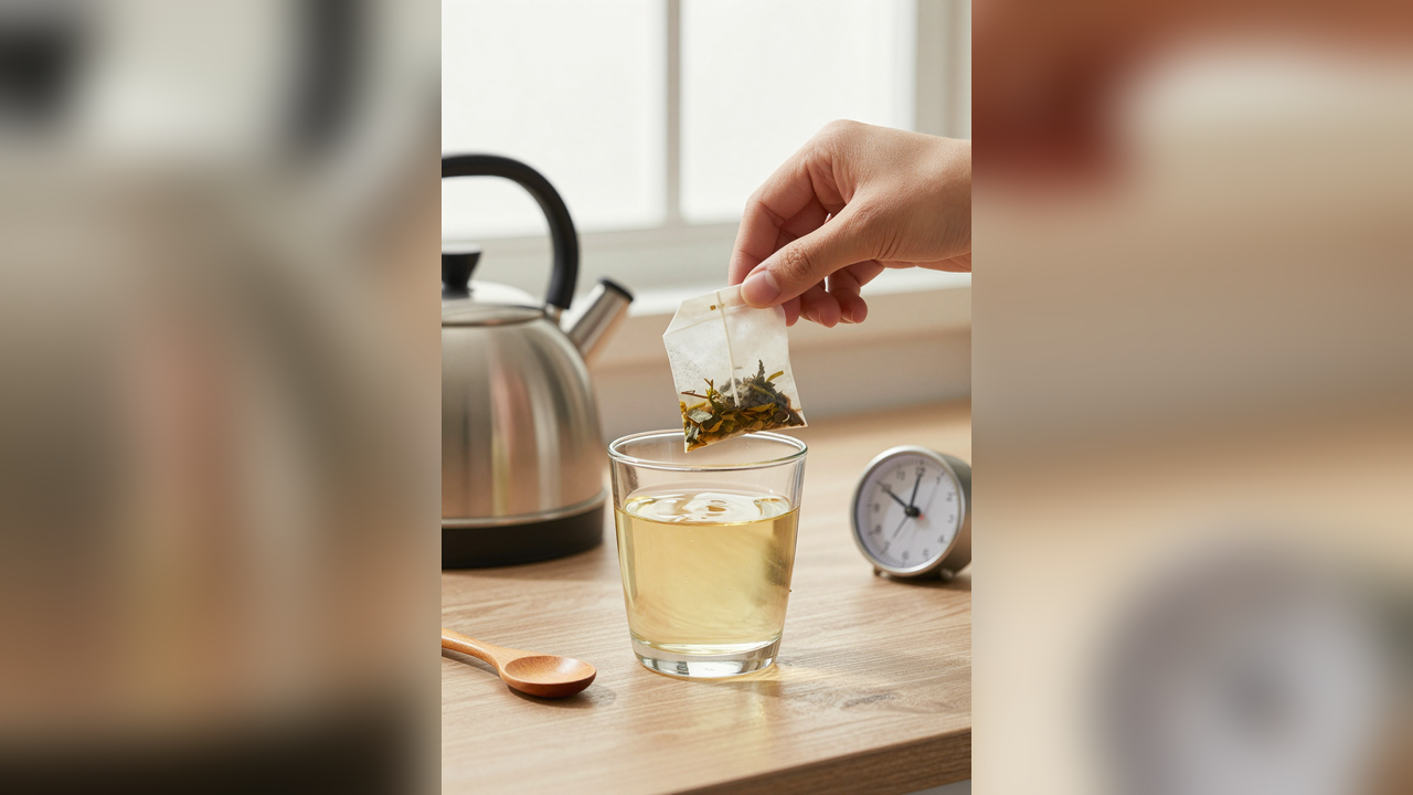 Hands steeping a herbal tea bag in a clear cup beside a kettle and kitchen timer