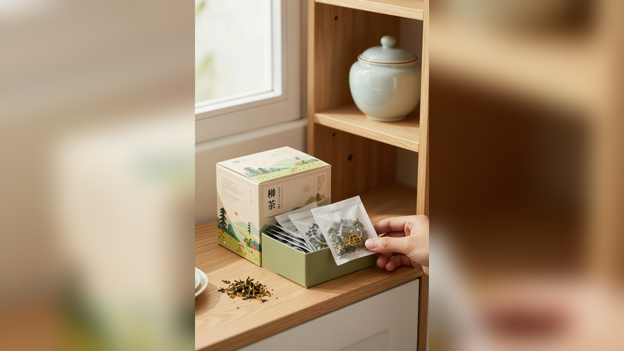 Closed herbal tea box, foil sachets, and opaque storage tin on a dry pantry shelf