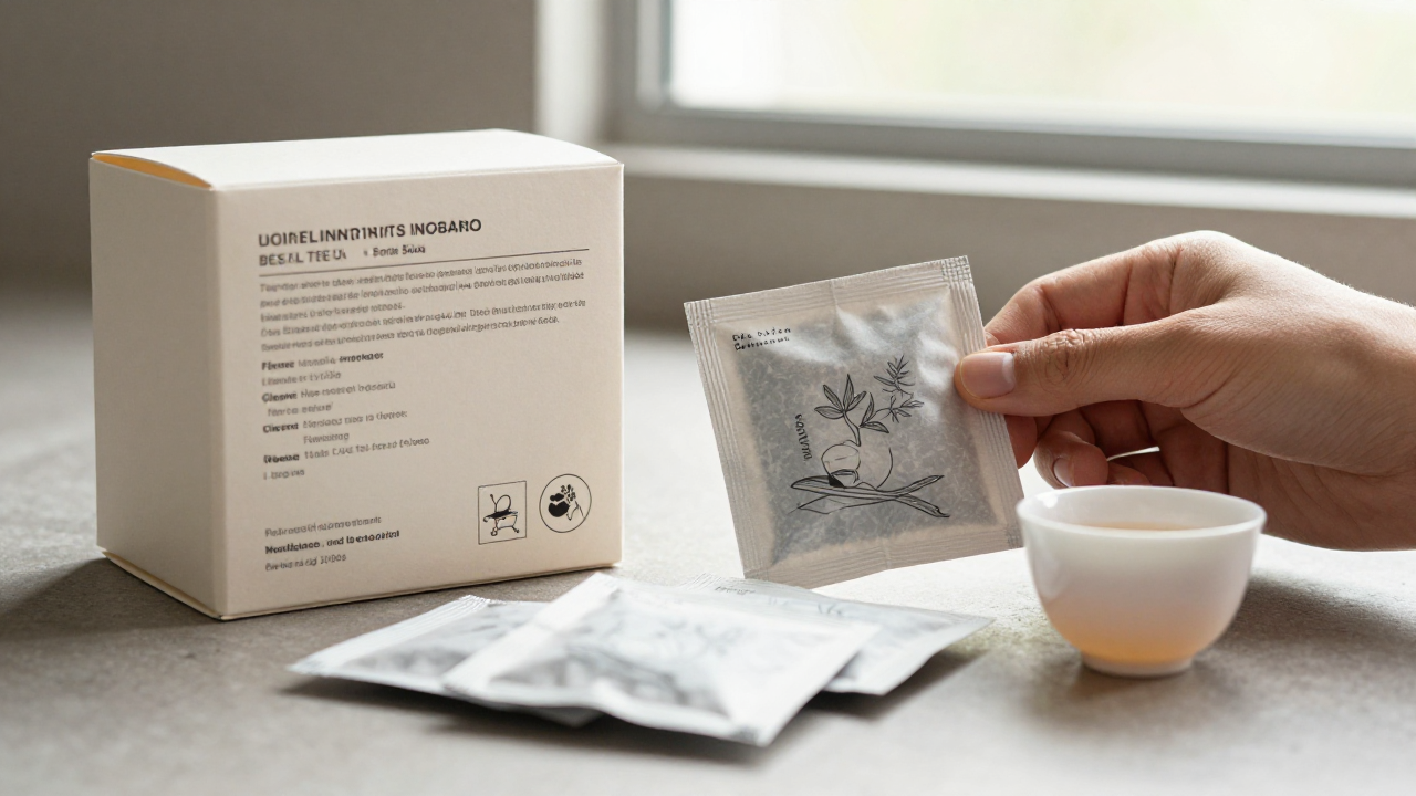 Hands comparing herbal tea gift box side panel, sachet labels, and a small tasting cup beside the box