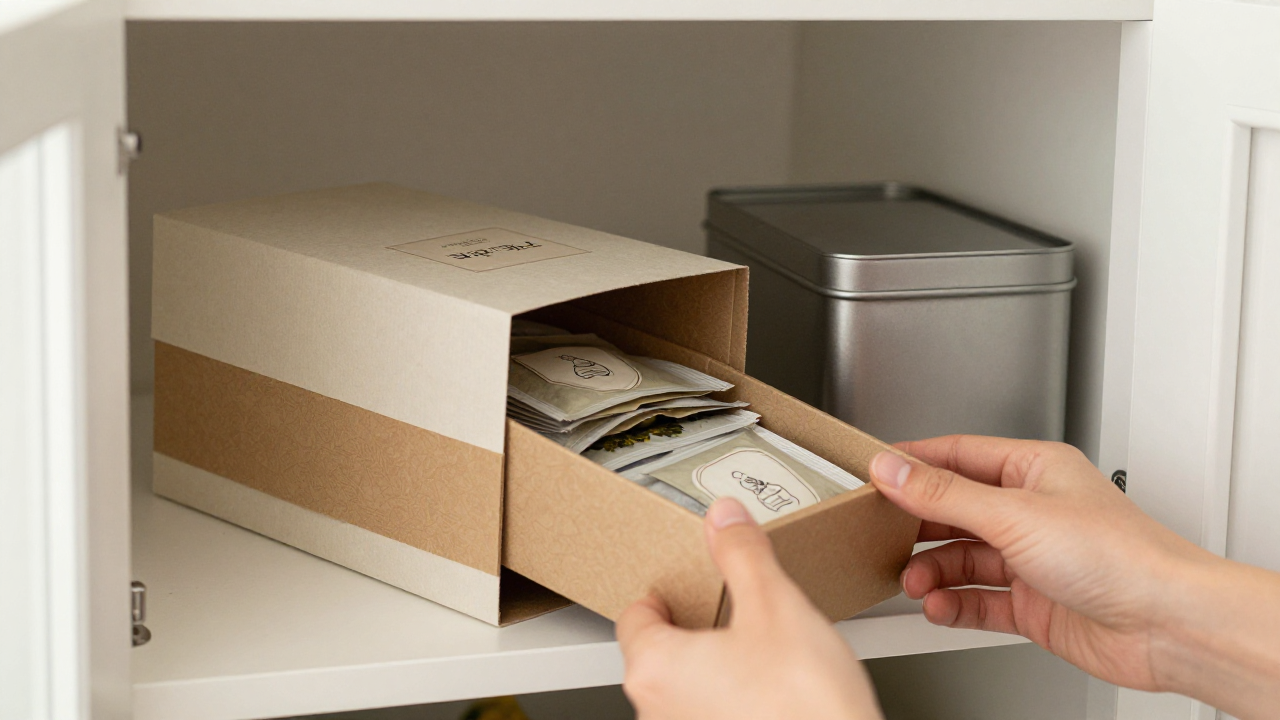 Partly used tea gift box, storage tin, wrapped sachets, and pantry shelf after opening