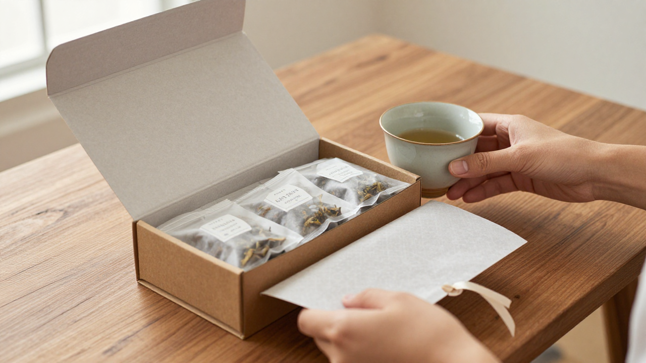 Open herbal tea gift box with wrapped sachets, ceramic cup, tissue paper, and ribbon on a table