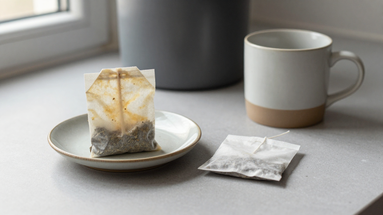 Used damp tea sachet on a discard plate beside a clean dry sachet and mug
