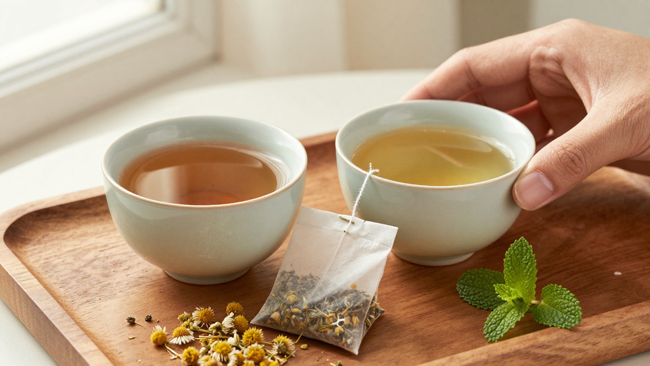 Two ceramic cups showing a darker first herbal infusion and a lighter second infusion beside one sachet