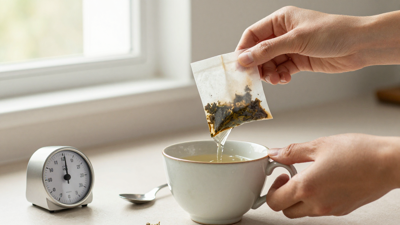 Hands moving a wet herbal tea sachet directly from one cup to another beside a timer