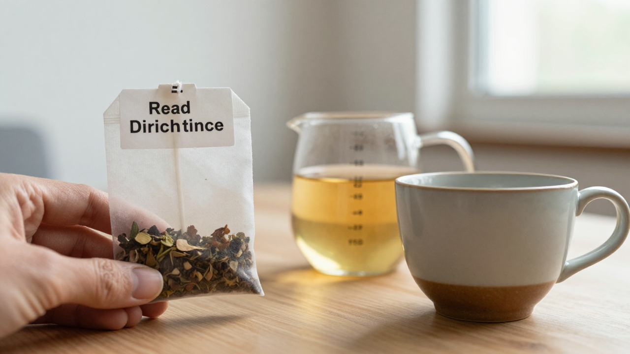 how long to steep herbal tea bags scene with herbal tea bag, glass timer without numerals, ceramic cup