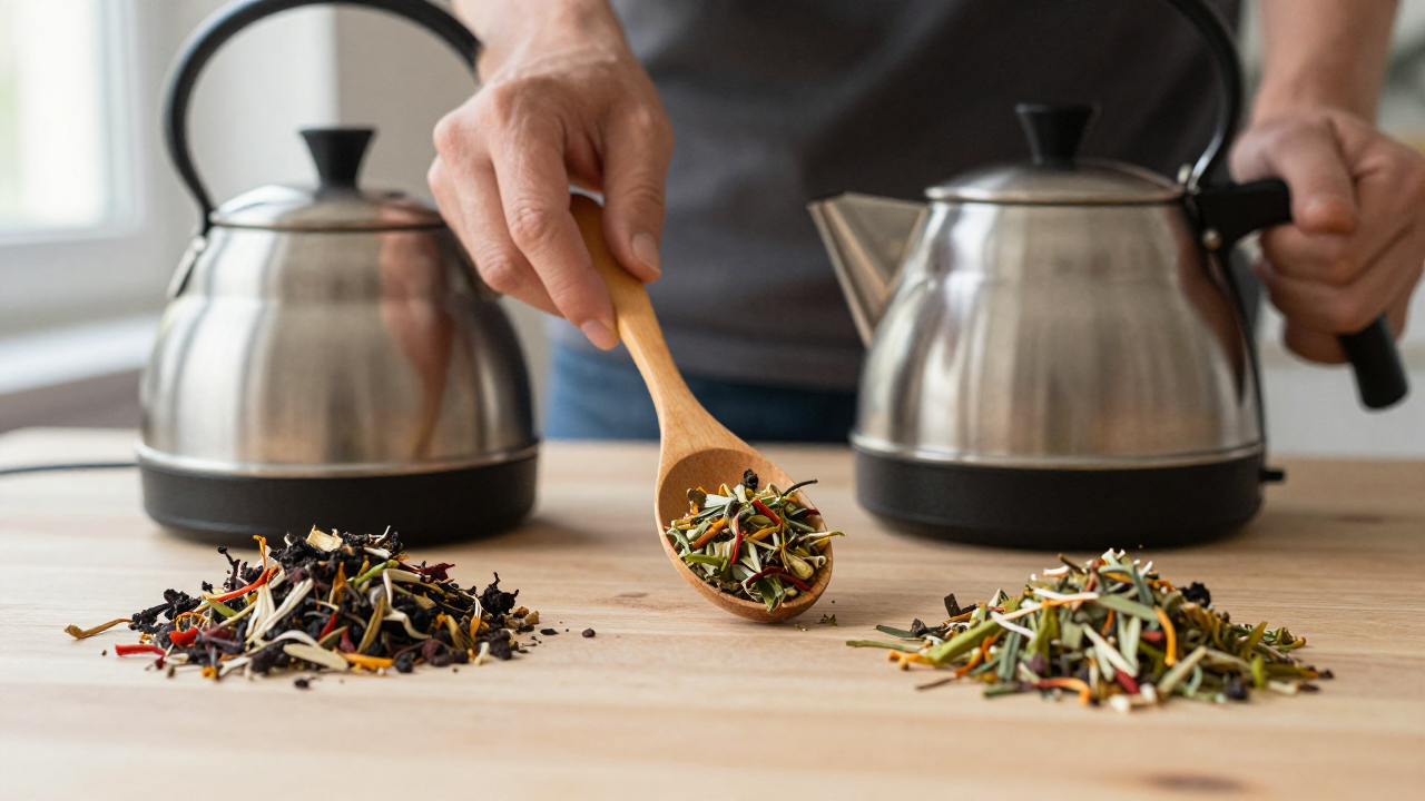 how long to steep herbal tea bags scene with kettle, two herbal blends, wooden spoon