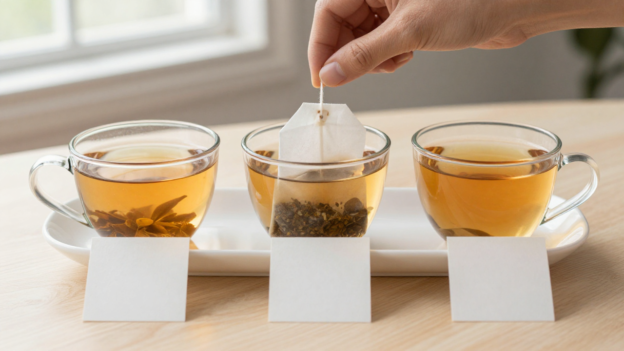 how long to steep herbal tea bags scene with three tea cups of different strength, tea bag dish, blank note card