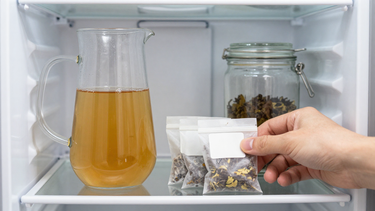 can you cold brew herbal tea bags scene with glass pitcher, herbal tea bags, refrigerator shelf