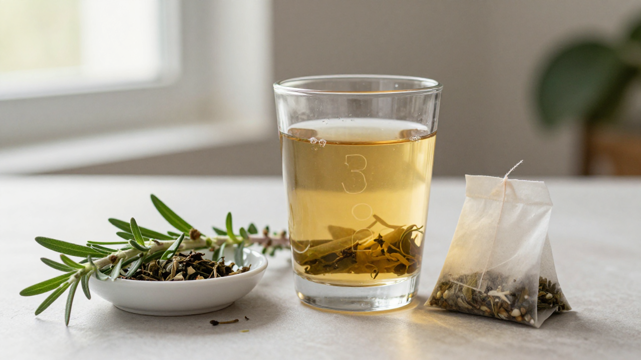 can you cold brew herbal tea bags scene with chilled tea glass, tea bag dish, fresh herb sprig
