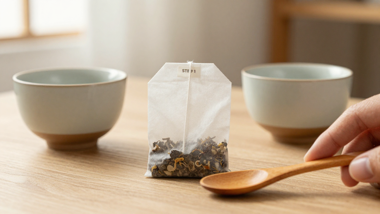 can you resteep herbal tea bags scene with used herbal tea bag, two ceramic cups, wooden spoon
