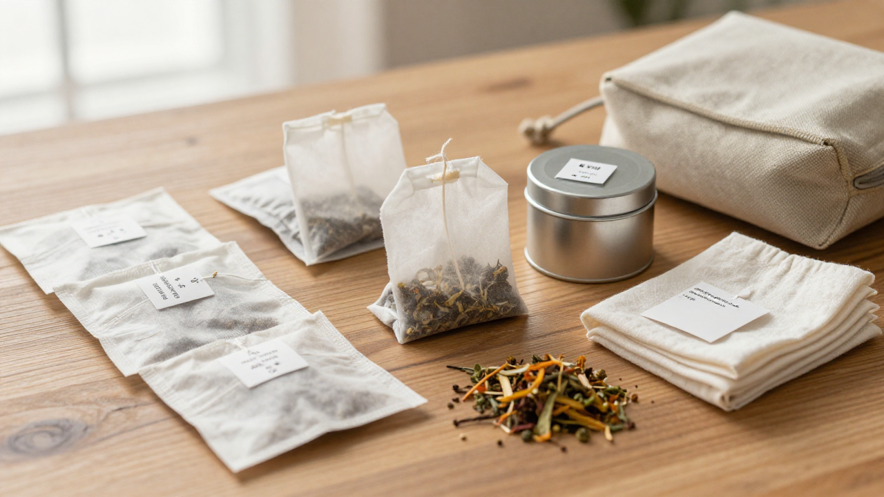 muslin tea bags and travel pouch show herbal tea packing context