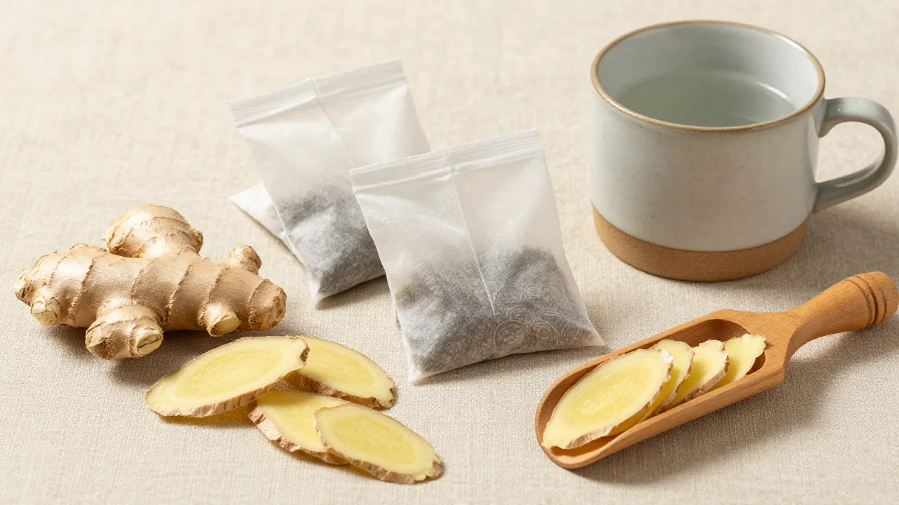 Ginger slices with unmarked tea bags, mug, and wooden scoop