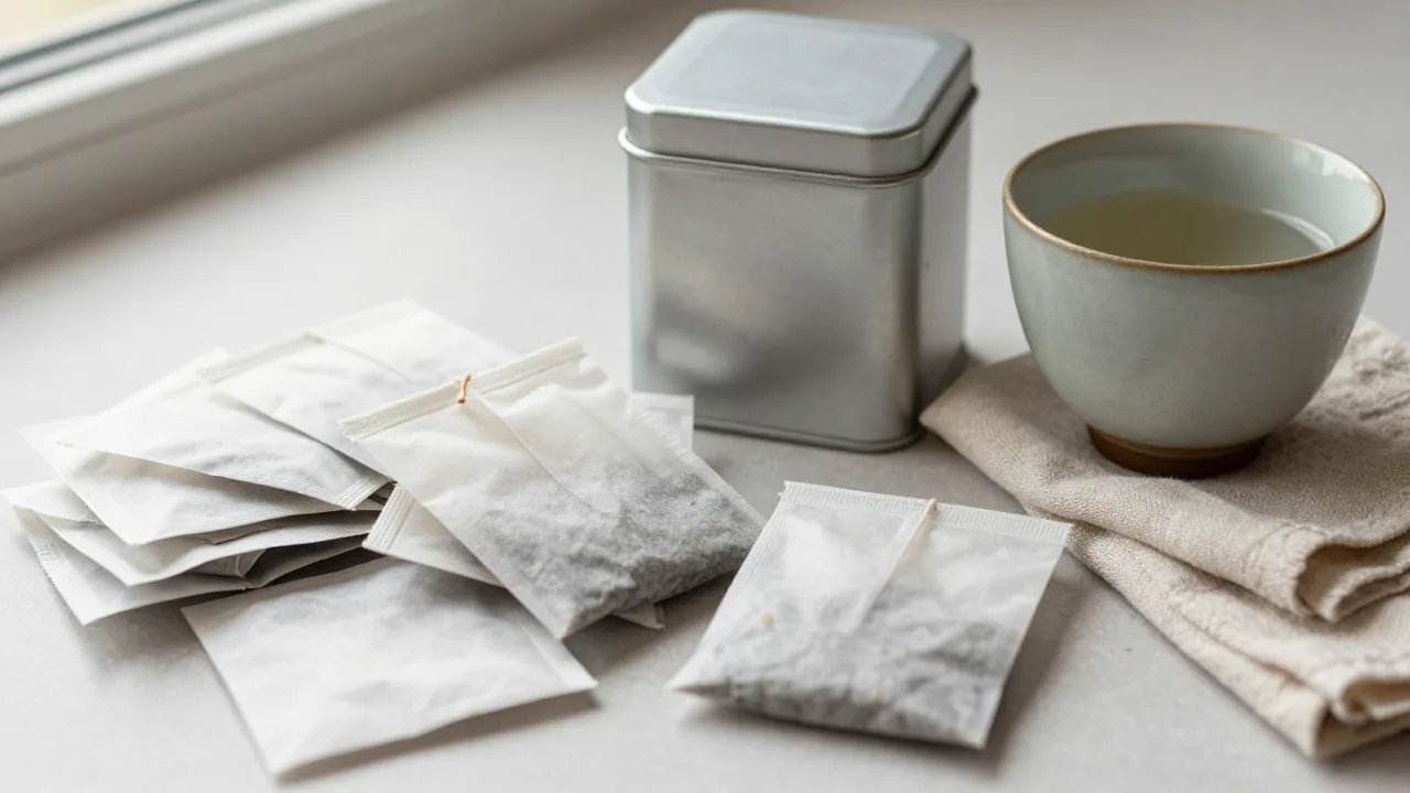 Blank tea bags with unmarked travel tin and ceramic cup