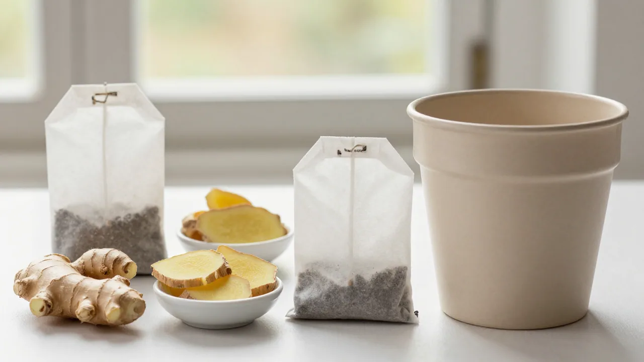 Separated tea bag components with ginger and plain compost pail