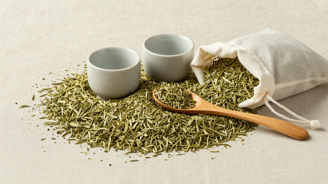 Loose yerba mate leaves with cups, spoon, and unmarked pouch