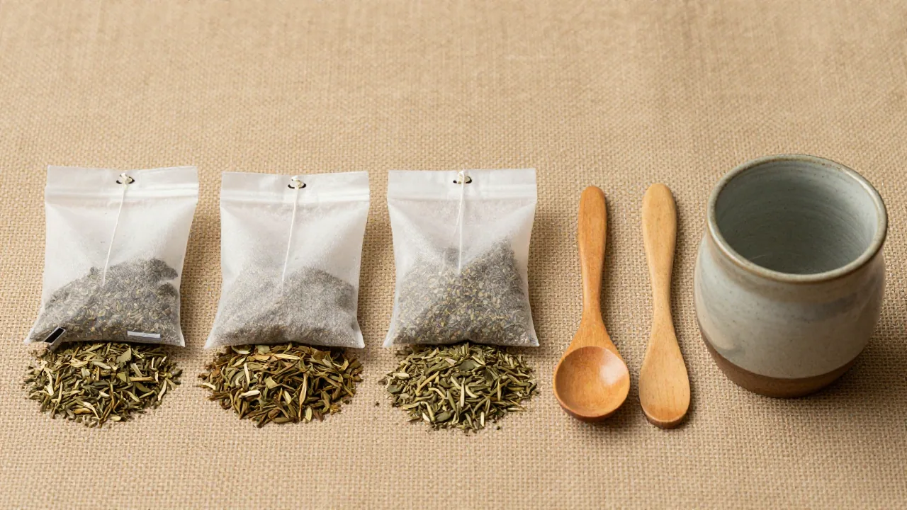 Yerba mate leaves with a plain mesh pouch, spoons, and cup