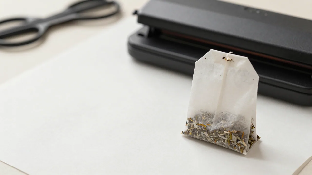 filled tea bag with sealed edge and herbs for tea-bag paper sealing checks