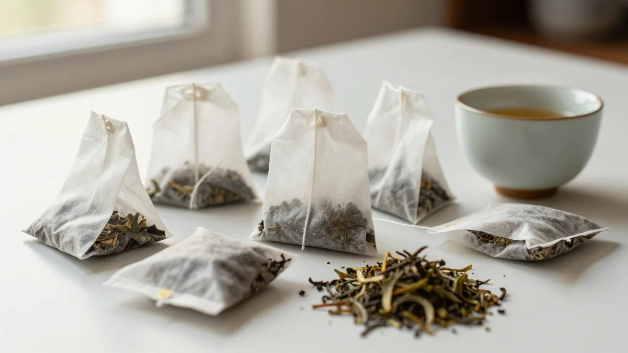 empty tea bags, loose herbs, ceramic cup for disposable paper tea bags