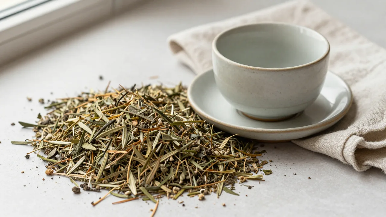 loose herbs, ceramic cup, and plain saucer for disposable paper tea bags