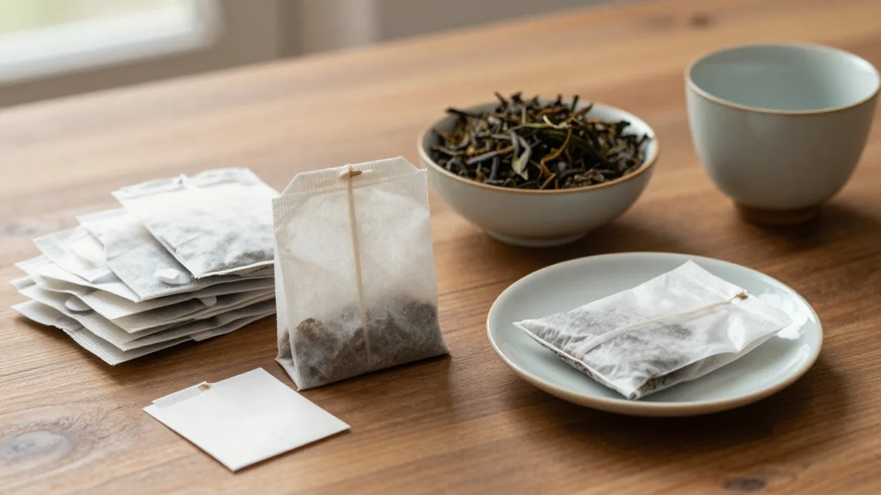 Empty paper tea bags beside loose tea leaves, a compost bowl, and a ceramic cup