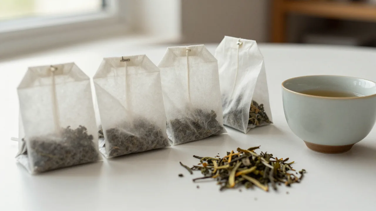 Unmarked tea bags with loose herbs and cup for filter paper checks