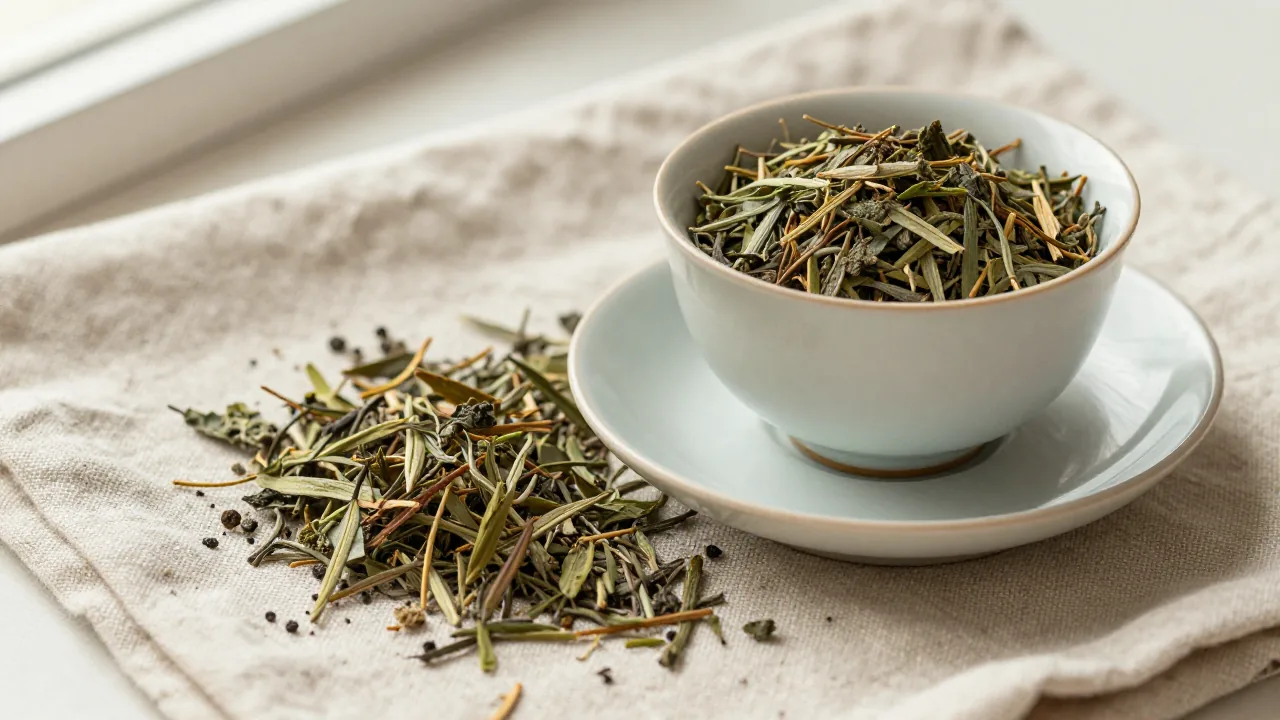 Loose herbs beside a ceramic cup for pore size and wet strength context