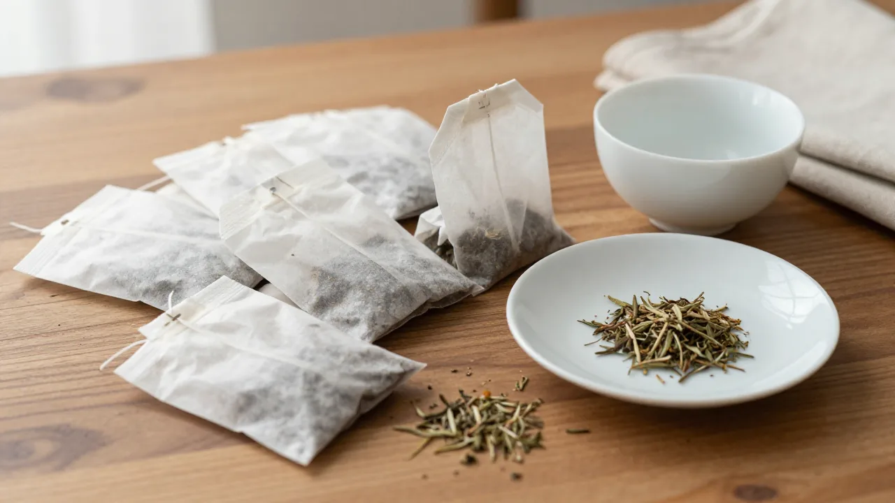 Untagged tea filter bags and loose herbs separated for disposal checks