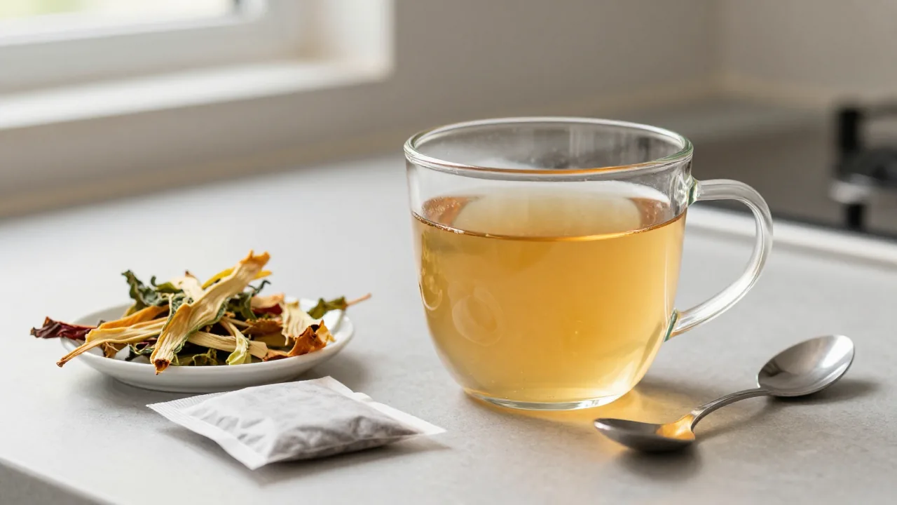 Mug of golden broth, unmarked sachet, spoon, and dried vegetables for sipping broth tea bags