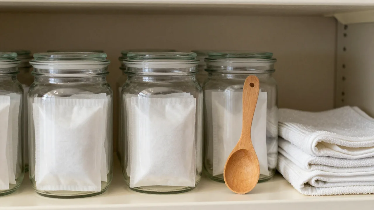 Glass jar with unmarked sachets and wooden scoop for storing broth tea bags