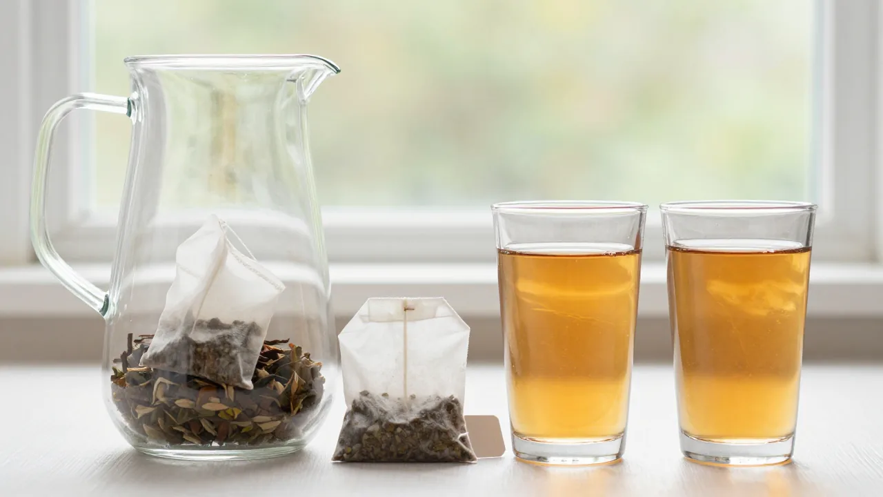 clear unmarked glass pitcher, loose tea bags without tags, glass of iced tea supporting how many bags of tea for a gallon