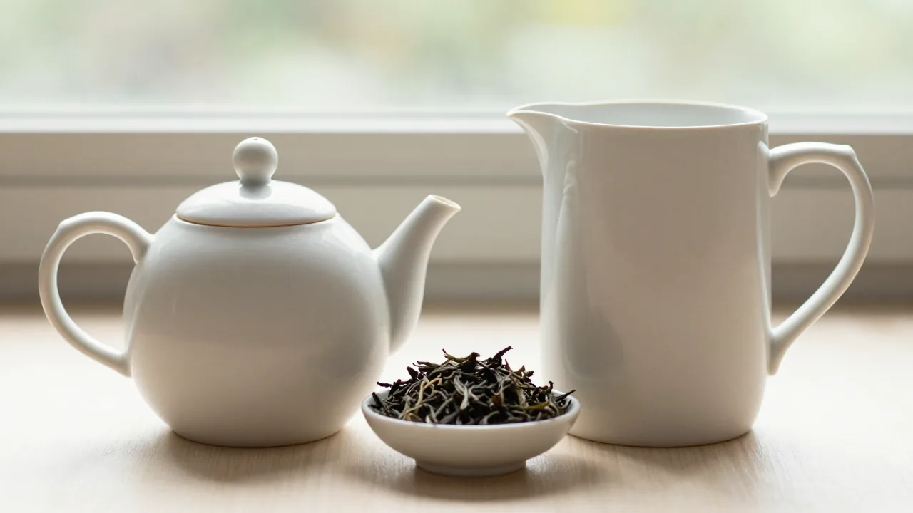 plain ceramic teapot, unmarked water jug, small bowl of tea leaves supporting how many bags of tea for a gallon