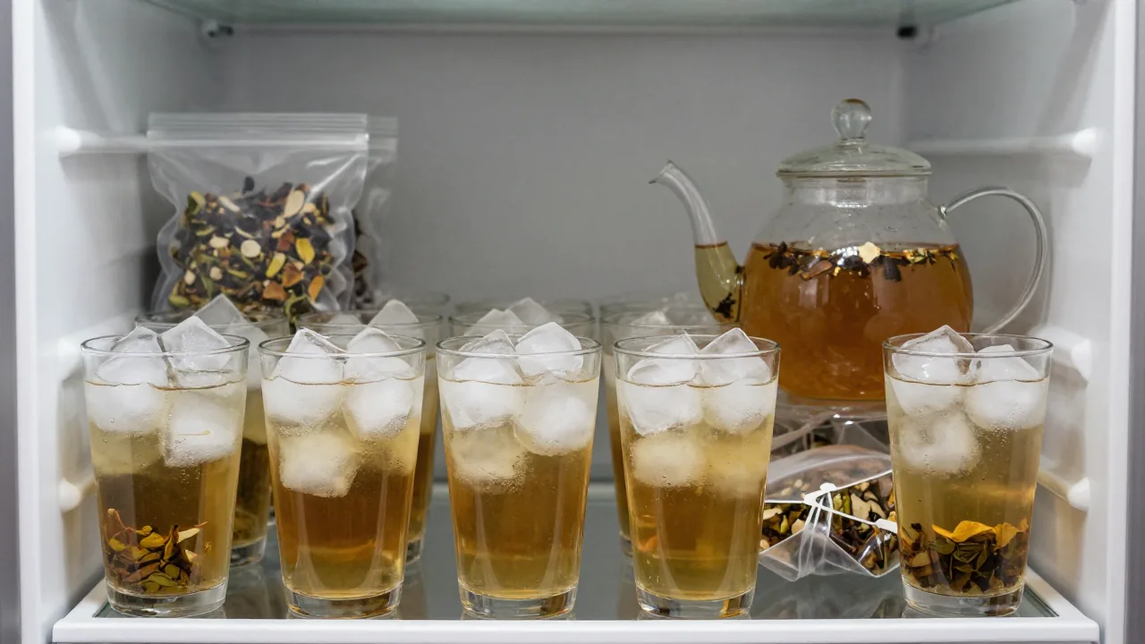 ice-filled glasses, covered tea pitcher, refrigerator shelf supporting how many bags of tea for a gallon