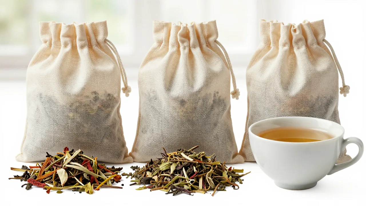 three empty undyed cotton muslin drawstring pouches, loose dried herbs, ceramic cup supporting muslin cloth tea bags