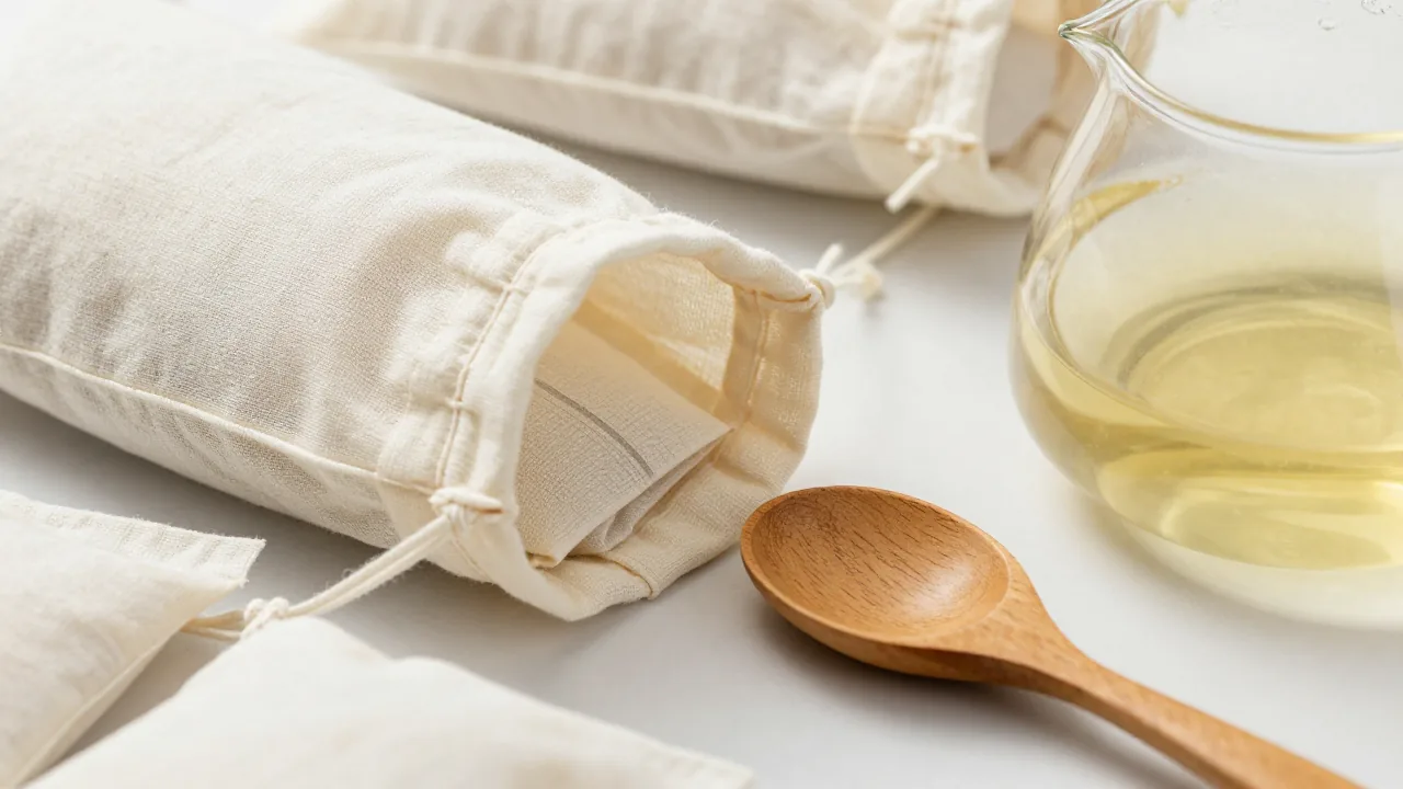 open cotton muslin pouch with visible cloth seam, wooden scoop, glass teapot supporting muslin cloth tea bags