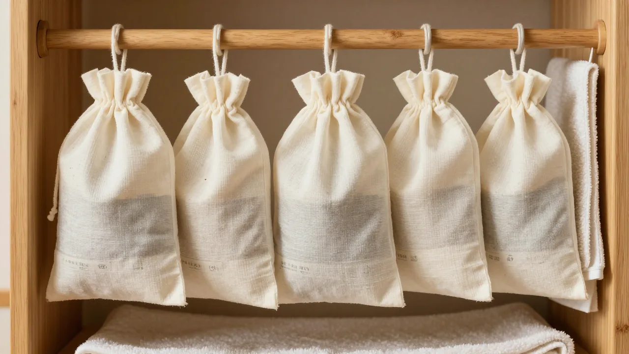 washed empty cloth pouch hanging from wooden rack, clean towel, ventilated shelf supporting muslin cloth tea bags