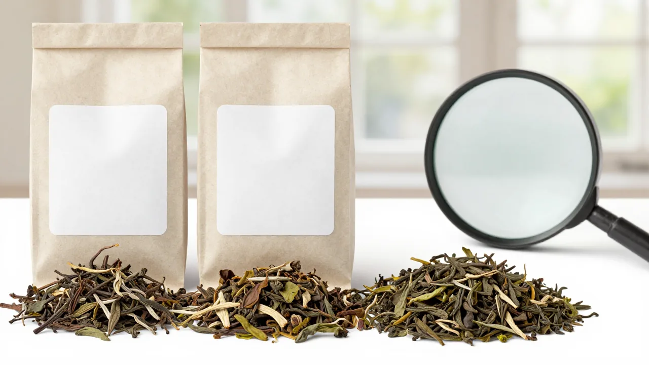 plain tea carton with blank front, loose tea leaves, magnifying glass supporting rainforest alliance certified tea bags