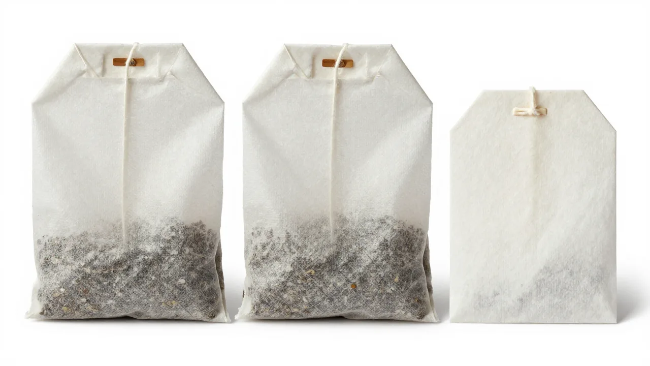 disassembled tea bag components, cotton string, paper tag turned blank-side up supporting rainforest alliance certified tea bags