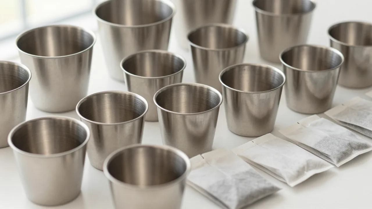 unmarked tea hopper, stainless dosing cups, empty fabric sachets supporting tea bag filling machine