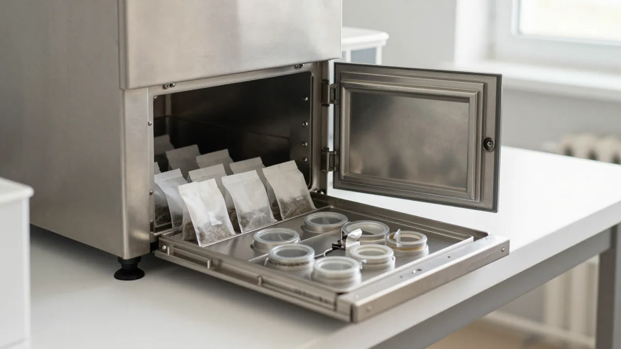 open stainless access panel, removable food-contact parts, clean workbench supporting tea bag filling machine