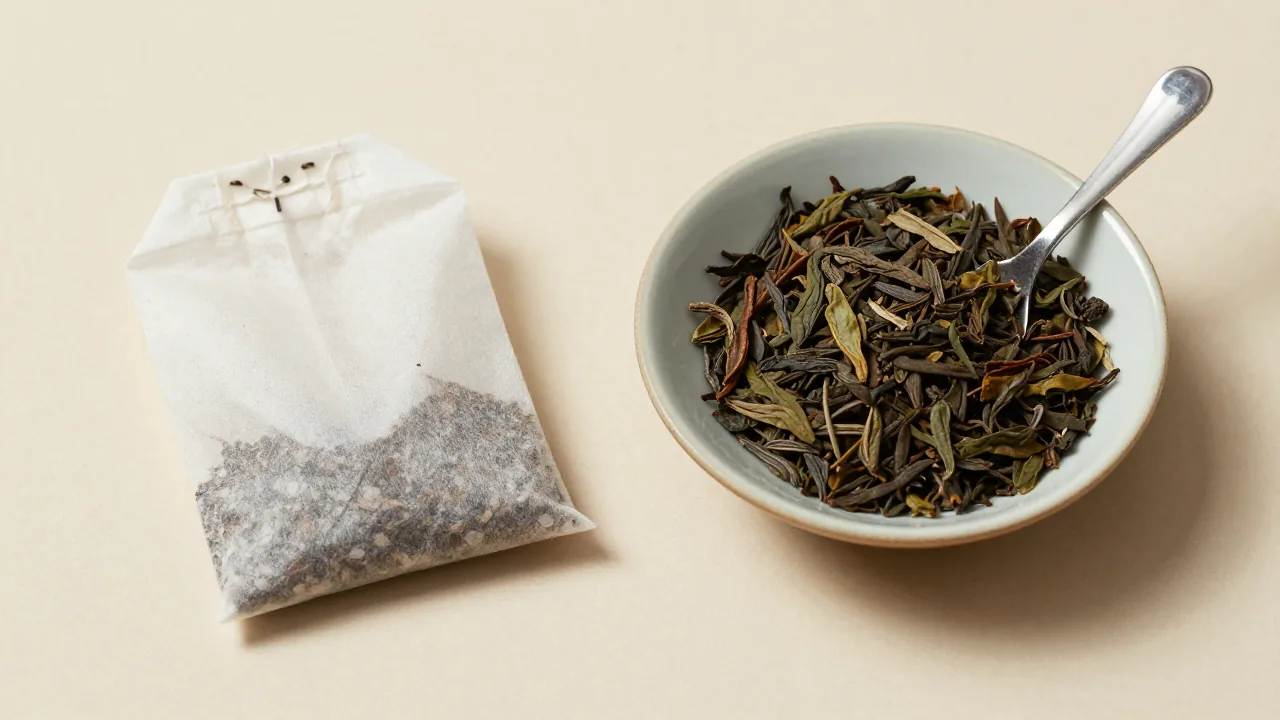 Tea leaves, a bowl and a sachet