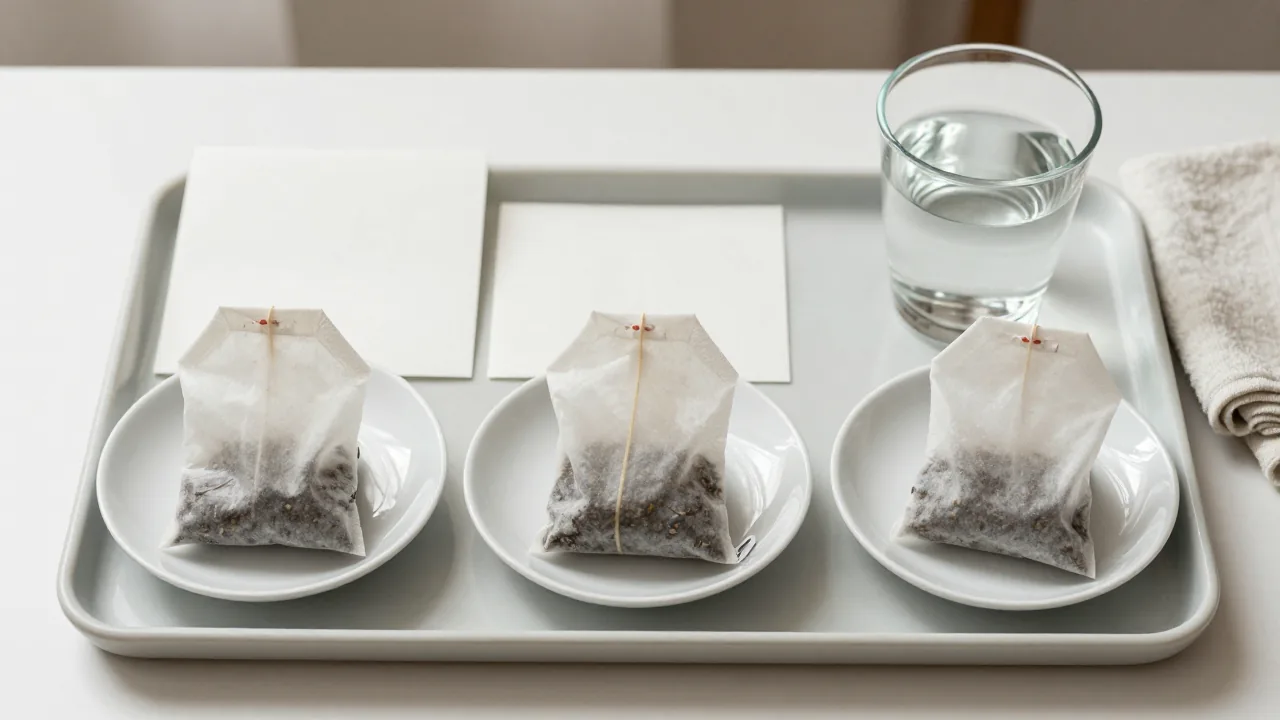 three cooled tea bags, plain saucers, watercolor paper, shallow craft tray