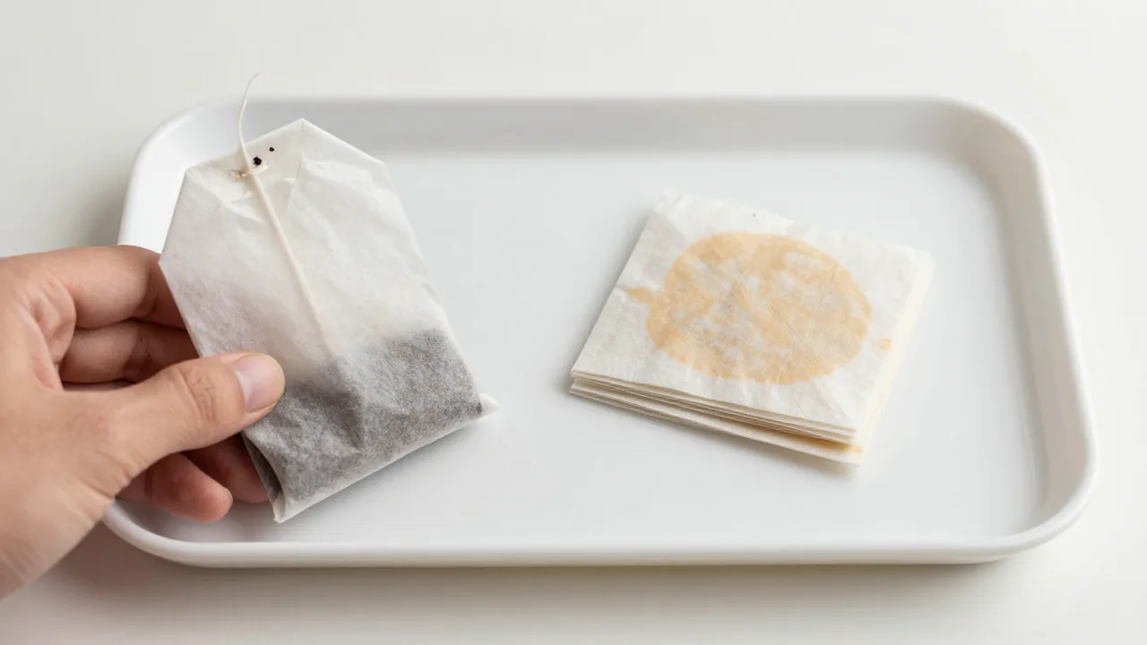 hand holding damp tea bag, thick white paper, layered tan marks, plain protective tray