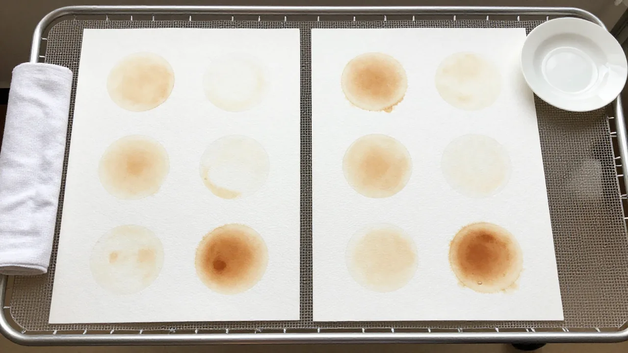 two white watercolor sheets with plain tea stains, flat mesh drying rack, folded white cloth, empty unmarked saucer